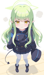 1girl :i absurdres armband backpack bag belt belt_buckle black_belt black_tail blue_archive blue_armband blue_boots blue_hat blue_jacket blue_skirt blush boots buckle buttoned_cuffs buttons charm_(object) chinese_commentary closed_mouth commentary_request demon_tail double-breasted eyes_visible_through_hair full_body gloves green_hair green_halo halo hat highres hikari_(blue_archive) holding holding_unworn_clothes holding_unworn_hat jacket kawtorikomi long_hair long_sidelocks long_sleeves looking_at_viewer miniskirt pantyhose pigeon-toed pleated_skirt pointy_ears puff_of_air shadow short_eyebrows sidelocks simple_background skirt solo split_mouth standing swept_bangs tail unworn_hat unworn_headwear v-shaped_eyebrows white_background white_gloves white_pantyhose yellow_eyes