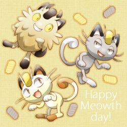 Rule 34 | alolan form, alolan meowth, animal focus, blue eyes, fangs, full body, galarian form, galarian meowth, gen 1 pokemon, gen 7 pokemon, gen 8 pokemon, highres, meowth, nintendo, no humans, open mouth, pokemon, pokemon (creature), simple background, smile, tail, tokusa403, yellow background, yellow eyes