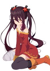 Rule 34 | 1girl, asymmetrical legwear, bandaged leg, bandages, bare shoulders, boots, breasts, brown hair, cosplay, dress, flower-shaped hair, flower-shaped pupils, genshin impact, hair between eyes, highres, hu tao (genshin impact), kono subarashii sekai ni shukufuku wo!, looking at viewer, megumin, megumin (cosplay), off shoulder, red dress, red eyes, short hair with long locks, simple background, single thighhigh, sitting, small breasts, solo, symbol-shaped pupils, thighhighs, voice actor connection, wariza, white background, yasehattagi