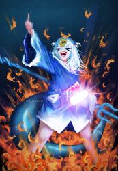 &gt;o&lt; 1girl absurdres baloolax blue_hoodie censored ebi-chan_(gawr_gura) fins fish_tail gawr_gura gawr_gura_(1st_costume) hair_ornament highres holding holding_polearm holding_weapon hololive hololive_english hood hoodie middle_finger mosaic_censoring outstretched_arm polearm shark_girl shark_hair_ornament shark_print shark_tail sharp_teeth shrimp solo standing tail teeth trident two_side_up virtual_youtuber weapon