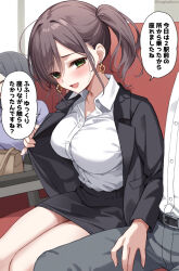 1boy 2girls black_jacket black_skirt blazer blush breasts brown_hair chair check_translation collarbone collared_shirt commentary_request earrings formal_clothes hand_on_another&#039;s_thigh heart heart-shaped_pupils highres ikura_nagisa jacket jewelry large_breasts long_sleeves looking_at_viewer multiple_girls office_lady open_mouth original purple_shirt shirt skirt smile solo_focus speech_bubble suit symbol-shaped_pupils teasing train train_interior translation_request white_shirt yellow_eyes