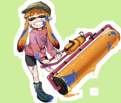 1girl amane_(yukiango69) baseball_cap bike_shorts boots closed_eyes dirty female_focus grin hat holding ink inkling inkling_girl inkling_player_character long_hair nintendo orange_hair paint_roller smile solo splatoon_(series) splatoon_1 standing sweater tentacle_hair