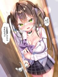1girl black_choker black_skirt blush bow bowtie bra_strap breasts brown_hair buttons choker cleavage collarbone collared_shirt doorknob green_eyes hair_ornament hairclip heart heart_choker nae-nae open_door open_mouth original plaid_clothes plaid_skirt purple_bow purple_bowtie shirt skirt solo speech_bubble translated twintails white_shirt