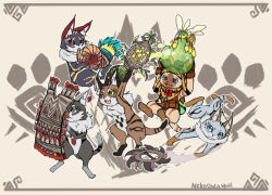 5others animal_ear_fluff animal_ears animal_hands animal_legs black_fur blue_eyes brown_fur bugtrapper cat cat_ears cat_tail colorpoint commentary digitigrade felyne furry grimalkyne holding holding_shield jumping leather_(palico_armor) lynx monster_hunter:_world monster_hunter_(series) multiple_others nekoshima_yui other_focus player_palico plounderer protector_(monster_hunter) shield siamese_cat tail trouper