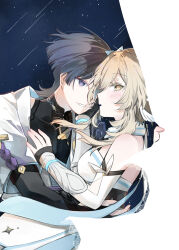 Rule 34 | 1boy, 1girl, arm cutout, black bodysuit, black bridal gauntlets, black gloves, blonde hair, blue kimono, blue sleeves, blue trim, blunt ends, blush, bodysuit, bridal gauntlets, colored eyelashes, covered collarbone, detached sleeves, dress, eyelashes, eyeliner, eyeshadow, feather hair ornament, feathers, fingernails, firing, genshin impact, gloves, grey hair, hair ornament, hand on another&#039;s cheek, hand on another&#039;s chest, hand on another&#039;s face, hand on another&#039;s waist, hetero, highres, japanese clothes, juban, kimono, kusa 013yyds, layered sleeves, looking at another, looking at viewer, lumine (genshin impact), makeup, mandarin collar, night, night sky, open clothes, open kimono, open mouth, partially fingerless gloves, purple eyes, red eyeliner, red eyeshadow, scaramouche (genshin impact), scarf, short hair, short hair with long locks, short sleeves, shoulder peek, sidelocks, sky, star (sky), starry sky, vambraces, wanderer (genshin impact), white dress, white feathers, white kimono, white mouth, white scarf, white sleeves
