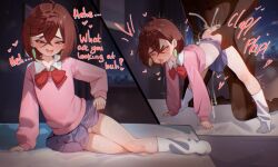 1boy 1girl 2koma age_difference aged_down ahegao all_fours ass ayase_momo bed before_and_after blue_skirt blush bow bowtie brown_eyes brown_hair clothes_lift comic cum cum_on_ass cum_on_body cum_overflow dandadan dark-skinned_male dark_skin drooling earrings ejaculation english_text eyelashes flat_chest grabbing_another&#039;s_ass groping half-closed_eyes hetero indoors interracial jewelry leaning_to_the_side lifting_own_clothes loli long_sleeves looking_at_viewer matching_hair/eyes medium_hair mesugaki motion_lines naughty_face night no_panties on_bed open_mouth panties pantyshot pink_sweater red_bow red_bowtie rolling_eyes rough_sex saliva sex sex_from_behind shirt sitting size_difference skirt skirt_lift smug socks sweater sweater_lift teeth tongue tongue_out underwear upper_teeth_only very_dark_skin white_panties white_shirt white_socks window yoko-chan_(mijizukeyoko) yokozuwari