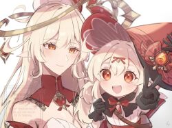 2girls ahoge alice_(genshin_impact) black_gloves blonde_hair bow breasts cleavage closed_mouth cowlick elf genshin_impact gloves hair_between_eyes hat highres klee_(blossoming_starlight)_(genshin_impact) klee_(genshin_impact) kopi_(user_ajtn7422) long_hair looking_at_viewer mother_and_daughter multiple_girls official_alternate_costume open_mouth pointy_ears red_bow red_eyes red_hat side_ahoge simple_background smile twintails upper_body v white_background witch_hat