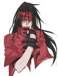 1boy black_gloves black_hair cloak commentary_request covered_mouth cropped_torso final_fantasy final_fantasy_vii fingerless_gloves gloves hair_between_eyes headband highres long_hair male_focus red_cloak red_eyes red_headband solo twitter_username upper_body vani_(hisha_04) vincent_valentine white_background