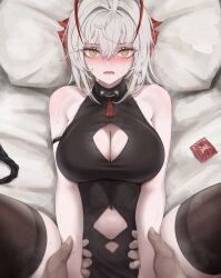 1boy 1girl absurdres arknights arm_grab black_dress black_thighhighs blush breasts cleavage_cutout clothing_cutout commentary condom condom_wrapper dress highres implied_sex large_breasts looking_at_viewer lying mildt navel on_back on_bed open_mouth out_of_frame pov sleeveless sleeveless_dress stomach_cutout thighhighs w_(arknights) white_hair yellow_eyes