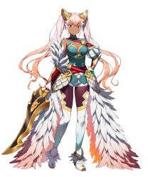 1girl breasts cleavage colored_eyelashes dark-skinned_female dark_skin fire_emblem fire_emblem_heroes gloves gradient_hair hand_on_own_hip high_heels highres holding holding_sword holding_weapon laevatein_(fire_emblem) laevatein_(resplendent)_(fire_emblem) long_hair looking_at_viewer micro_shorts multicolored_hair nintendo non-web_source official_alternate_costume official_art orange_hair pantyhose red_eyes shorts single_bare_shoulder small_breasts solo sword tachi-e thighhighs twintails very_long_hair weapon white_eyelashes white_gloves white_hair white_thighhighs