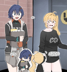 Rule 34 | 2girls, absurdres, ahoge, alternate costume, bag, belle (zenless zone zero), black shirt, blonde hair, blue eyes, blue hair, blush, bowing, bright pupils, commentary, crossed bangs, embarrassed, empty eyes, english text, fang, fingerless gloves, flying sweatdrops, gloves, hair between eyes, highres, long sleeves, luciana de montefio, mata (matasoup), medium hair, multiple girls, off shoulder, open mouth, shared speech bubble, shirt, short hair, side ponytail, single glove, smile, speech bubble, t-shirt, wavy mouth, white pupils, yellow eyes, zenless zone zero