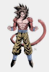 1boy abs bare_pectorals biceps black_hair black_legwear body_fur dexter_soy dragon_ball dragon_ball_gt large_pectorals looking_at_viewer male_focus monkey_boy monkey_tail muscular muscular_male no_nipples obi pants pectorals red_fur sash simple_background solo son_goku spiked_hair super_saiyan super_saiyan_4 tail topless_male torn_clothes wristband yellow_eyes yellow_pants