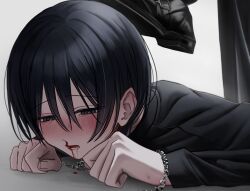 1boy 1other absurdres arata20250328 black_eyes black_hair black_shirt black_shoes blood blood_on_face blood_on_ground blood_on_teeth blush bruise bruise_on_face chain chain_leash crying crying_with_eyes_open drooling foot_on_head hair_between_eyes highres injury leash long_sleeves looking_down lower_teeth_only lying male_focus nosebleed on_stomach open_mouth original saliva shirt shoes short_hair simple_background sweat tears teeth white_background