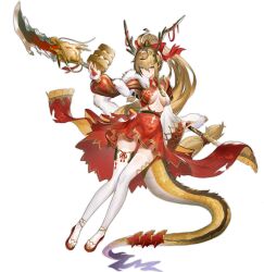 1girl aged_up ahoge ark_order asymmetrical_sleeves bamboo_steamer blonde_hair bow braid breasts bridal_gauntlets center_opening dragon_horns dragon_tail dragon_wings feathered_wings flats food full_body fur-trimmed_sleeves fur_trim gloves gold_trim hair_bow high_ponytail highres holding holding_polearm holding_weapon horns large_breasts leg_ribbon long_hair long_sleeves looking_at_viewer low-tied_long_hair mismatched_sleeves official_art parted_lips polearm ponytail pppppan puffy_long_sleeves puffy_sleeves red_bow red_footwear red_gloves red_ribbon red_shirt red_skirt ribbon shirt skirt solo steamed_bun tachi-e tail thigh_ribbon thighhighs transparent_background very_long_hair weapon white_shirt white_thighhighs white_wings wide_sleeves wings yellow_eyes yinglong_(ark_order)