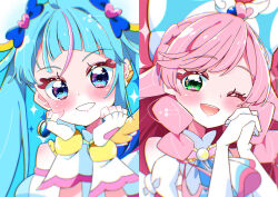 Rule 34 | 2girls, absurdres, artist name, ascot, blue eyes, blue hair, bow, braid, brooch, commentary, crown braid, cure prism, cure sky, cut bangs, detached sleeves, dress, earclip, earrings, elbow gloves, fingerless gloves, glove bow, gloves, green eyes, hair bow, hair ornament, hands on own face, highres, hirogaru sky! precure, interlocked fingers, jewelry, long hair, looking at viewer, magical girl, multicolored hair, multiple girls, nijigaoka mashiro, one eye closed, open mouth, own hands together, pink hair, pixiv username, potacure, precure, puffy detached sleeves, puffy sleeves, side braids, single earring, single sidelock, sleeveless, sleeveless dress, smile, sora harewataru, sparkle, streaked hair, twintails, twitter username, two-tone hair, white ascot, white bow, white dress, white gloves, wing brooch, wing hair ornament