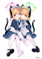 2girls absurdres animal_ear_headphones animal_ears apron black_dress black_footwear blonde_hair blue_archive blush cat_tail closed_mouth dated dot_mouth dress fake_animal_ears frilled_apron frills green_eyes green_halo halo headphones heart heart_hands heart_hands_duo highres left_shoe_removed long_sleeves maid_apron midori_(blue_archive) midori_(maid)_(blue_archive) momoi_(blue_archive) momoi_(maid)_(blue_archive) multiple_girls official_alternate_costume open_mouth pantyhose pink_halo red_eyes right_shoe_removed shoes short_hair siblings signature simple_background single_shoe sisters smile tail twins v-shaped_eyebrows white_apron white_background white_pantyhose zcx