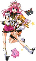2girls :d absurdres angel_wing_uniform blonde_hair blue_eyes flower full_body galaxy_angel hair_flower hair_ornament hairband highres long_hair long_sleeves looking_at_viewer mikage_nao milfeulle_sakuraba mimolette_(galaxy_angel) multiple_girls normad official_art open_mouth pencil_skirt pink_hair ranpha_franboise simple_background skirt smile white_background