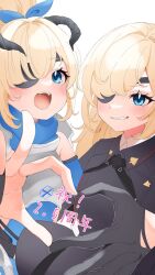 2girls armor black_dress black_gloves black_horns blonde_hair blue_dress blue_eyes blue_ribbon blue_sleeves breastplate bridal_gauntlets collared_shirt commentary_request dated detached_sleeves double-parted_bangs dragon_horns dress dual_persona eyepatch fortissimo_gr gloves goddess_of_victory:_nikke grin guillotine_(nikke) guillotine_(winter_slayer)_(nikke) hair_ribbon heart heart_hands heart_hands_duo high_ponytail highres horns military_dress_uniform military_uniform multiple_girls official_alternate_costume official_alternate_hairstyle open_mouth ponytail ribbon shirt shoulder_armor sidelocks smile swept_bangs teeth tongue translation_request upper_body upper_teeth_only white_background