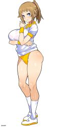 1girl absurdres aiuti blue_eyes breasts brown_hair buruma full_body gundam gundam_build_fighters gundam_build_fighters_try gym_uniform highres hoshino_fumina large_breasts medium_hair ponytail shirt shoes socks solo standing t-shirt uwabaki white_background white_shirt white_socks yellow_buruma