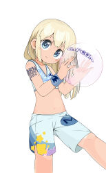 1girl absurdres alternate_costume alternate_hairstyle arm_tattoo ball beachball bikini bikini_shorts bikini_tan blonde_hair blue_bow blue_eyes blush bow capcom closed_mouth devil_may_cry_(series) flat_chest hair_bow hair_down head_tilt highres holding holding_ball kirby_(series) logo loli long_hair male_swimwear maxim_tomato mega_man_(classic) mega_man_(series) navel nintendo number_tattoo ponytail print_male_swimwear shorts slyger_ex smile solo sonic_(series) standing standing_on_one_leg stomach swim_trunks swimsuit tan tanline tattoo underwear wristband