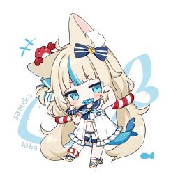 Rule 34 | +++, ahoge, animal ears, ankle bow, ankle ribbon, aqua bow, aqua eyes, aqua hair, bare arms, blonde hair, blue bow, blue sailor collar, blue scrunchie, blue tail, blunt bangs, blush, bow, bowtie, brooch, buttons, cat ears, character name, chibi, chibi only, clenched hands, commentary, crab, crab on head, dress, english commentary, fins, fish, fish girl, fish in mouth, fish tail, frilled sailor collar, frills, full body, hair bow, half-closed eyes, hands up, highres, indie virtual youtuber, jewelry, kaniki (sameko saba), leg ribbon, lifebuoy hair ornament, long hair, looking at viewer, low twintails, midriff, mouth hold, multicolored hair, navel, open clothes, open dress, paw pose, ribbon, sailor collar, sameko saba, sameko saba (fish), sandals, scrunchie, short shorts, shorts, shouu-kun, sleeveless, sleeveless dress, standing, standing on one leg, streaked hair, striped bow, tail, twintails, two-tone hair, very long hair, virtual youtuber, white background, white dress, white shorts, wrist scrunchie, yellow brooch