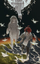 2boys absurdres ahoge aotsuki_eito black_gloves black_streaks blue_eyes blue_jacket breast_pocket claws closed_eyes coat crumbling drawstring glasses gloves grabbing_another&#039;s_arm grey_hair grey_jacket grid highres holding_hands hood hoodie jacket looking_at_another male_focus moon multicolored_hair multicolored_jacket multiple_boys origami pants paper_crane pocket red_hair short_hair signature smile solo streaked_hair sumino_takumi sunglasses the_hundred_line_-last_defense_academy- two-tone_jacket water waves white_hoodie white_jacket xinjinjumin839286500137