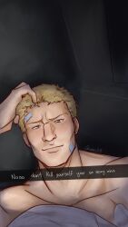 Rule 34 | 1boy, bandaid, bandaid on cheek, bandaid on face, bara, blonde hair, caption, cheekbones, don&#039;t kill yourself you&#039;re so sexy (meme), english text, hand in own hair, highres, looking at viewer, male focus, meme, muscular, muscular male, photo-referenced, reiner braun, shingeki no kyojin, short hair, solo, sunver1318, tsurime, upper body