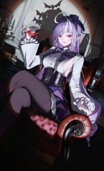 1girl absurdres ahoge ascot black_bow black_bowtie black_nails black_pantyhose black_skirt bow bowtie breasts center_frills chromatic_aberration commentary cup dress drinking_glass dutch_angle edible_sus fingernails frilled_sleeves frills hair_bow highres holding holding_cup large_breasts long_hair long_sleeves looking_at_viewer mole mole_under_eye multicolored_hair nail_polish on_chair overskirt pantyhose pointy_ears purple_ascot purple_bow purple_bowtie purple_hair red_eyes sideboob sidelocks sitting skirt smile solo streaked_hair teeth upper_teeth_only very_long_hair vivian_banshee white_dress zenless_zone_zero