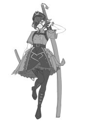 1girl absurdres boots dress emblem eyepatch fate/grand_order fate_(series) hat highres holding holding_behind_back holding_sword holding_sword_behind_back holding_weapon holding_weapon_behind_back just_we katana knee_boots mysterious_ranmaru_x_(fate) original pantyhose short_sleeves smile solo solo_focus sword weapon
