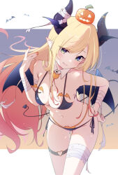 Rule 34 | 1girl, bandages, bat tattoo, bat wings, bikini, blonde hair, blush, breasts, capuchi (111cappuccino), cleavage, collarbone, demon girl, demon horns, demon tail, demon wings, detached collar, green eyes, halloween, highres, hololive, horns, jack-o&#039;-lantern, large breasts, long hair, navel, pointy ears, pumpkin, side-tie bikini bottom, solo, swimsuit, tail, tattoo, thigh strap, very long hair, virtual youtuber, wings, yuzuki choco