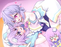 Rule 34 | 2girls, bare shoulders, blush, choker, d-pad, d-pad hair ornament, gezelle 2045, hair between eyes, hair ornament, heart, highres, indoors, jewelry, multiple girls, neck ring, neckerchief, nepgear, neptune (neptunia), neptune (series), open mouth, pink eyes, purple eyes, purple hair, pururut, short hair, smile, socks, striped clothes, striped socks