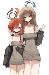 2girls ahoge alternate_costume alternate_hairstyle bare_shoulders black_jacket black_mask black_nails blonde_hair blue_archive blue_eyes blunt_bangs blush braid breasts cleavage closed_mouth collarbone double_v dress green_dress hair_between_eyes highres huge_ahoge jacket kk_(hkpc4287) long_hair multiple_girls neru_(blue_archive) open_mouth red_eyes red_hair sidelocks single_braid single_sleeve_past_fingers single_sleeve_past_wrist sleeves_past_wrists toki_(blue_archive) v