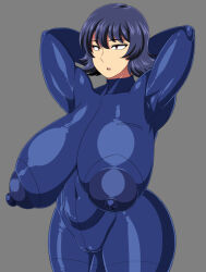 1girl amazon_(taitaitaira) arms_behind_head arms_up blue_hair bodysuit breasts colorized dress gigantic_breasts grey_background huge_areolae izumi_(amazon) large_nipples open_mouth red_eyes see-through_clothes short_hair solo standing tagme tight_clothes tight_dress