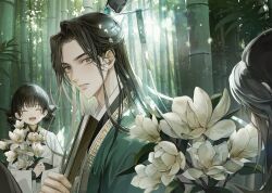 1girl 3boys :d ^_^ bamboo bamboo_forest black_hair bouquet chinese_clothes closed_eyes closed_mouth dappled_sunlight day flower folded_fan folding_fan forest green_eyes green_hanfu half_updo hand_fan hanfu highres holding holding_bouquet holding_fan holding_flower leaf long_hair long_sleeves looking_at_viewer luo_binghe male_focus ming_fan multiple_boys nature ning_yingying open_mouth outdoors parted_bangs parted_lips renzha_fanpai_zijiu_xitong ribboned_xiao_guan shen_qingqiu shuangyaji smile sunlight topknot upper_body white_flower white_hanfu wide_sleeves xiao_guan_(headdress) young57440489