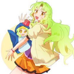 1girl bracelet curtained_hair eiyuu_densetsu green_hair hajimari_no_kiseki highres jacket jewelry kea_(eiyuu_densetsu) long_hair looking_at_viewer open_mouth parted_bangs rai_5555_ruuri short_sleeves simple_background skirt smile stuffed_toy two-tone_background wavy_hair yellow_eyes