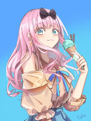 1girl absurdres bare_shoulders black_bow blue_background blue_eyes blue_skirt bow breasts cleavage closed_mouth commentary_request cross cross_earrings earrings food fujiwara_chika hair_bow heart heart_in_eye highres holding holding_food holding_ice_cream ice_cream jewelry kaguya-sama_wa_kokurasetai_~tensai-tachi_no_renai_zunousen~ latin_cross long_hair looking_at_viewer off-shoulder_shirt off_shoulder pink_hair shirt signature simple_background skirt smile solo symbol_in_eye turn_zhuan upper_body wafer_stick yellow_shirt
