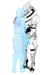 Rule 34 | commander shepard, commander shepard (female), couple, garrus vakarian, hologram, mass effect (series), tumblr, turian, wei, white background