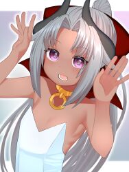 1girl armpits bare_shoulders black_horns commentary_request curtained_hair dark-skinned_female dark_skin flat_chest gloggy grey_hair hands_up highres horns jewelry kikyou_(gloggy) leotard letterboxed long_hair looking_at_viewer neck_ring open_mouth original purple_eyes solo upper_body white_leotard