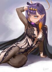 1girl absurdres arm_support arm_up black_cloak black_dress blue_eyes breasts chronopattern_dress cloak diamond_hairband dress elsten gradient_hair hairband highres hololive hololive_english long_hair medium_breasts mole mole_under_eye multicolored_hair ninomae_ina&#039;nis orange_hair orange_hairband pointy_ears purple_hair solo tentacle_hair virtual_youtuber