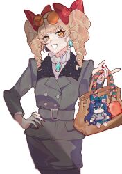 Rule 34 | 1girl, 4saiji, bag, belt, black jacket, black skirt, blue brooch, bow, brown hair, coin purse, drill hair, earrings, eyewear on head, fingernails, formal clothes, frilled shirt collar, frills, fumo (doll), hair bow, handbag, high collar, highres, holding, holding bag, jacket, jewelry, long fingernails, long hair, looking at viewer, red nails, round eyewear, shirt, simple background, skirt, smile, solo, suit, sunglasses, touhou, twin drills, white background, white shirt, yellow eyes, yorigami jo&#039;on, yorigami shion