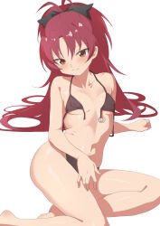 1girl absurdres bad_tag bikini black_bikini bow breasts brown_eyes closed_mouth hair_bow halterneck hateri highres loli looking_at_viewer mahou_shoujo_madoka_magica mahou_shoujo_madoka_magica_(anime) o-ring o-ring_bikini red_hair sakura_kyoko simple_background small_breasts solo swimsuit thighs white_background