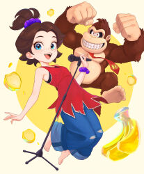 Rule 34 | 1girl, absurdres, ape, barefoot, blue eyes, blue pants, bracelet, brown hair, donkey kong, donkey kong (series), donkey kong bananza, freckles, gorilla, hair ornament, highres, jewelry, looking at viewer, microphone, necktie, nintendo, open mouth, pants, pauline (mario), pauline (young) (mario), red necktie, red shirt, scrunchie, shirt, sleeveless, smile, teeth, truejekart, wrist scrunchie