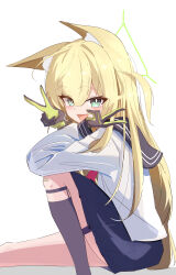 1girl absurdres animal_ears blonde_hair blue_archive fox_ears fox_girl green_eyes green_halo grey_sailor_collar grey_skirt halo highres kurumi_(blue_archive) looking_at_viewer neckerchief red_neckerchief ria_(52266382) sailor_collar school_uniform serafuku shirt skirt solo thighs white_shirt