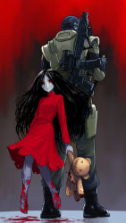 1boy 1girl alma_(f.e.a.r.) assault_rifle back-to-back balaclava barefoot black_hair blood blood_splatter breasts colored_skin dress f.e.a.r. floating grey_skin gun height_difference highres holding holding_stuffed_toy long_dress long_hair messy_hair military_operator mother_and_son parted_hair point_man_(f.e.a.r.) red_dress red_eyes rifle small_breasts stuffed_animal stuffed_toy substance20 teddy_bear torn_clothes torn_dress turtleneck turtleneck_dress weapon weapon_on_back