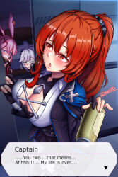 Rule 34 | +++, 3girls, :o, alcohol, animal ears, arm guards, bed, bedroom, beer, beer can, black gloves, black jacket, black shorts, blue eyes, blush, breasts, can, cleavage, closed eyes, collared shirt, drink can, drunk, earrings, english text, fingernails, fox ears, gloves, highres, holding, holding can, honkai (series), honkai impact 3rd, indoors, jacket, jewelry, kallen kaslana, kallen kaslana (sin hunter), large breasts, large variant set, long hair, looking at viewer, mole, mole on breast, multiple girls, murata himeko, murata himeko (arctic kriegsmesser), ninja, open mouth, pantyhose, partially fingerless gloves, pillow, pink hair, ponytail, pov, purple eyes, red hair, shirt, shorts, smile, variant set, white hair, white pantyhose, white shirt, yae kasumi, yae sakura, yellow eyes, zero130