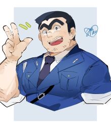 1boy :d bara black_hair cropped_torso facial_hair happy highres huge_eyebrows kochikame large_pectorals looking_at_viewer male_focus mature_male mikiya_(mine_miki0840) muscular muscular_male mustache_stubble open_mouth pectorals police police_uniform policeman ryoutsu_kankichi short_hair sideburns_stubble smile solo sparse_stubble stubble unibrow waving