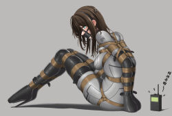 1girl absurdres arms_behind_back ballet_boots bdsm blue_eyes bodysuit bondage bondage_mittens boots bound bound_ankles bound_arms bound_legs bound_thighs bound_torso bound_wrists breasts brown_hair elbow_gloves female_focus gag gag_harness gagged gloves highres mrfoxy original panel_gag restrained shibari short_hair sitting skindentation solo tagme thigh_boots tied_up_(nonsexual) walkie-talkie