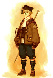 Rule 34 | 1boy, adventurer (ff11), aiba ryosuke, arms at sides, ascot, black hat, blonde hair, blue pants, book, brown eyes, brown gloves, brown jacket, brown shoes, capri pants, closed mouth, commentary, final fantasy, final fantasy xi, fingerless gloves, full body, glasses, gloves, green socks, hat, hume, jacket, legs apart, long sleeves, male focus, medal, mortarboard, official art, pants, ribbed socks, round eyewear, scholar (final fantasy), second-party source, shirt, shoes, short hair, socks, solo, staff, standing, white ascot