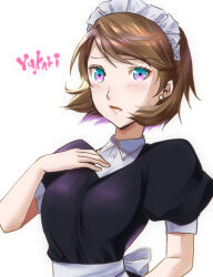 1girl aqua_eyes black_dress blush breasts brown_hair character_name closed_mouth collared_dress dress earrings eyelashes hand_up jewelry looking_at_viewer maid maid_headdress maxrise_s medium_breasts multicolored_eyes persona persona_3 pink_eyes puffy_short_sleeves puffy_sleeves short_hair short_sleeves simple_background solo stud_earrings swept_bangs takeba_yukari two-tone_eyes upper_body white_background