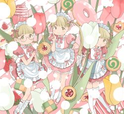 3girls absurdres apron artist_name blonde_hair blunt_bangs blush bow bowtie braid brown_eyes cake candy checkerboard_cookie closed_mouth cookie donut dot_mouth dot_nose dress flower food fruit glasses hair_ribbon hand_up highres kneehighs lollipop long_hair looking_at_viewer maid maid_apron maid_headdress muffin multiple_girls nagomurasan original pink_bow pink_bowtie pink_dress pink_ribbon pointing pointing_up ribbon short_hair signature smile socks spring_(season) strawberry strawberry_cake swept_bangs tareme thighhighs tulip twin_braids twintails white_apron white_socks white_thighhighs